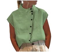 leinen Longbluse musselin Bluse Damen weiß Hemden Einfarbig Baumwoll Stehkragen Kurzarm Button Down Tunika Oberteil Sommer damenblusen(Grün, XXL)