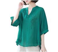 Leinen Oberteil Damen Locker Casual Hemd Blusenshirt Kühl Atmungsaktiv Kurzärmliges T-Shirt Mit V-Ausschnitt Im Ethno Stil Sommerblusen t-Shirt Elegante Schicke Leinenshirt Leicht Luftig Top Bequem