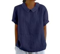 leinen Oberteil Damen Shirtbluse hemdjacke Einfarbig Baumwoll Revers Kurzarm Musselin Tunika blusenshirt Bikinioberteile（Dunkelblau, XXL