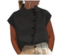 leinen Oberteil Damen Shirtbluse hemdjacke Einfarbig Baumwoll Stehkragen Kurzarm Button Down Musselin Tunika blusenshirt Longbluse(Schwarz, L)