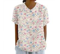 leinen Oberteil Damen Sommer Bluse Baumwolle Boho Blumen Druck Baumwoll Musselin Revers Kurzarm Oberteile Langarm Shirts blusentop（Hellrosa, L