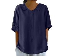 leinen Oberteil Damen Sommer Bluse Baumwolle Boho Einfarbig Baumwoll Revers Kurzarm Musselin Tunika Langarm Shirts blusentop(Lila, XXL)