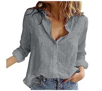 leinen Oberteil Damen Sommer Bluse Baumwolle Boho Einfarbig Baumwoll Revers Langarm Musselin Oberteile Shirts blusentop（Grau, S