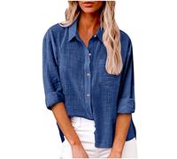 leinen Oberteil Damen Sommer Bluse Baumwolle Boho Einfarbig Baumwoll Revers Musselin Tunika Langarm Shirts blusentop(Dunkelblau, S)