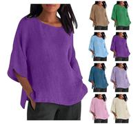 Leinen-Oberteile Damen Elegant Sommer Musselin Bluse 3/4 Arm Longshirt Große Größe Freizeithemd Leinen Langarmshirt Oberteile Locker Blusenshirt Lang Tunika Basic Shirt Oversized Longbluse
