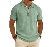 Leinen Poloshirt für Herren Leichtes Sport Henley Shirt Sommer Baumwolle Polohemd Arbeit Business Kurzarm Tops Casual Einfarbig Golf Tshirt Revers Knopfleiste Arbeitstshirts Sportshirt