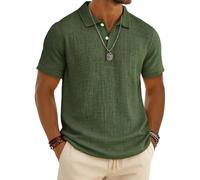 Leinen Poloshirt für Herren Leichtes Sport Henley Shirt Sommer Baumwolle Polohemd Arbeit Business Kurzarm Tops Casual Einfarbig Golf Tshirt Revers Knopfleiste Arbeitstshirts Sportshirt
