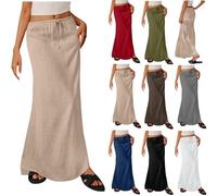 Leinen Rock Damen Sale, Schlauchrock aus Baumwolle und Leinen, Knielänge Bleistiftrock Elastische Taille mit Kordelzug Schlauchrock Hohe Taille Basic Midi Rock Lässiges Luftige Röcke für Strand Urlaub