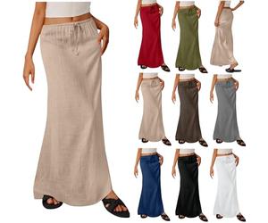 Leinen Rock Damen Sale, Schlauchrock aus Baumwolle und Leinen, Knielänge Bleistiftrock Elastische Taille mit Kordelzug Schlauchrock Hohe Taille Basic Midi Rock Lässiges Luftige Röcke für Strand Urlaub