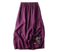 Leinen Röcke Damen Lang Sommerröcke High Waist Langer Rock A-Linie Röcke Einfarbig Sommerrock Damen Casual Maxirock Sommer Leinenrock Klassisch Stickerei Midirock Lose Damenrock mit (Purple-b, XXL)
