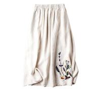 Leinen Röcke Damen Lang Sommerröcke High Waist Langer Rock A-Linie Röcke Einfarbig Sommerrock Damen Casual Maxirock Sommer Leinenrock Klassisch Stickerei Midirock Lose Damenrock mit (White-ba, L)