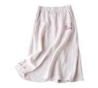 Leinen Röcke Damen Lang Sommerröcke High Waist Langer Rock A-Linie Röcke Einfarbig Sommerrock Damen Casual Maxirock Sommer Leinenrock Klassisch Stickerei Midirock Lose Damenrock mit (Beige-a, L)