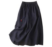 Leinen Röcke Damen Lang Sommerröcke High Waist Langer Rock A-Linie Röcke Einfarbig Sommerrock Damen Casual Maxirock Sommer Leinenrock Klassisch Stickerei Midirock Lose Damenrock mit Gummiband