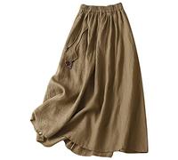 Leinen Röcke Damen Lang Sommerröcke High Waist Langer Rock A-Linie Röcke Einfarbig Sommerrock Damen Casual Maxirock Sommer Leinenrock Klassisch Stickerei Midirock Lose Damenrock mit Gummiband