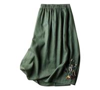 Leinen Röcke Damen Lang Sommerröcke High Waist Langer Rock A-Linie Röcke Einfarbig Sommerrock Damen Casual Maxirock Sommer Leinenrock Klassisch Stickerei Midirock Lose Damenrock mit (Green-b, M)