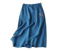 Leinen Röcke Damen Lang Sommerröcke High Waist Langer Rock A-Linie Röcke Einfarbig Sommerrock Damen Casual Maxirock Sommer Leinenrock Klassisch Stickerei Midirock Lose Damenrock mit (Blue-a, XXL)