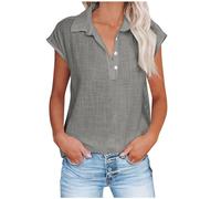 leinen Shirt Damen Lange blusen Damenbluse musselin Einfarbig Baumwoll Revers Kurzarm Tunika Blouses for Women Sportshirt（Grau, L