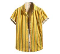 Leinen Shirt Herren Kurzarm Hemden Sommer Hemd Gestreift Baumwolle Leinen Kurzarmhemd Sommerhemd Leinen Herrenhemden Wanderhemd Hawaii Hemd Männer Trachtenhemd Gelb XL