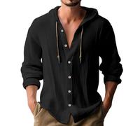 Leinen Shirt Herren Leichte Atmungsaktiv Einfarbig Shirt Regular Fit Knopfleiste Casual Shirt Wicking Langarm Kapuzenshirt Herren B-Black 3XL