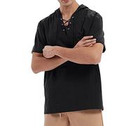 Leinen Shirt Herren Mittelalter Leinenhemd Hemd Kurzarm Sommerhemd Retro-Kragen mit Schnürung, Männer Freizeithemd Casual Leinen Yoga Shirt Fisherman Trachtenhemd Schwarz XXL