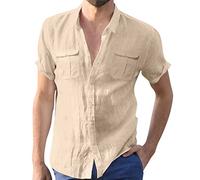 Leinen Shirt Herren Sommer - Herren Hemd Weiss Sommer Leinen - Henley Shirt Leinenhemd Kurz Oversize Männer Freizeithemden Mit Taschen Kurzarmhemd Mittelalter Herrenhemden Sport Stehkragenhemd