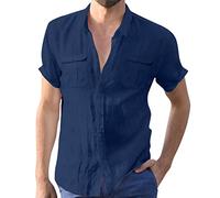 Leinen Shirt Herren Sommer - Herren Hemd Weiss Sommer Leinen - Henley Shirt Leinenhemd Kurz Oversize Männer Freizeithemden Mit Taschen Kurzarmhemd Mittelalter Herrenhemden Sport Stehkragenhemd