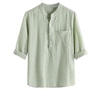 Leinen Shirt Herren Sommer Kurzarm Gestreift Hemd Baumwolle Leinen Freizeithemd Leinenhemd Sommerhemd Kurzarmhemd Stehkragenhemd Regular Fit Männer Tops Trachtenhemd Grün XXL