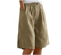 Leinen Shorts Damen High Waist, Kurze Hosen Damen Weites Bein,Bermuda Shorts Damen Knielang Leinenhose Baggy Cargoshorts mit Gummizug Sommerhose Leicht Schlafshorts Freizeithose für Frauen