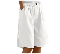 Leinen Shorts Damen High Waist, Kurze Hosen Damen Weites Bein,Bermuda Shorts Damen Knielang Leinenhose Baggy Cargoshorts mit Gummizug Sommerhose Leicht Schlafshorts Freizeithose für Frauen