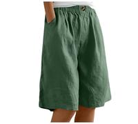 Leinen Shorts Damen High Waist, Kurze Hosen Damen Weites Bein,Bermuda Shorts Damen Knielang Leinenhose Baggy Cargoshorts mit Gummizug Sommerhose Leicht Schlafshorts Freizeithose für Frauen