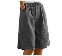 Leinen Shorts Damen High Waist, Kurze Hosen Damen Weites Bein,Bermuda Shorts Damen Knielang Leinenhose Baggy Cargoshorts mit Gummizug Sommerhose Leicht Schlafshorts Freizeithose für Frauen