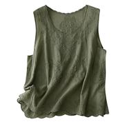 Leinen Tank Top Damen Elegant,Spitzenstickerei Leinenbluse Damen Sommer,Blusentops Damen Ärmellose Rundhals Tshirt Einfarbig Weste Bequem Tanktops Locker Oberteile Sporttop Frauen Leinen Tunika