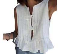 Leinen-Tanktop mit Schnürung vorne, ärmellos, mit Schleife, Y2K, Leinen-Tanktop mit Schnürung vorne, offenes Leinen-Top zum Binden, für Damen, zum Ausgehen, Sommer, Streetwear, weiß, M