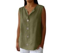 Leinen Tanktops Damen, Baumwolle Leinenbluse V-Ausschnitt Lockere Hemd Armless Oberteil Casual Tank-Top Sommer Atmungsaktiv Bluse Einfarbig Tanktop mit Knopfdekoration Breiter Schultergurt Camisole