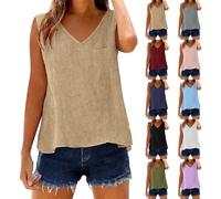 Leinen Top Damen Ärmellos, Musselin Bluse Damen Oversized Kurz Leinenhemd Sommer Strand Damentop Tank Top Elegant Leinenbluse V Ausschnitt Weste Locker Trägertop Leichte Sommertop Bequem Leinenshirt
