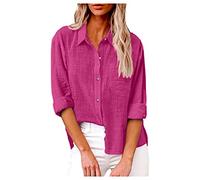 leinen top Damen Sommer musselin Tunika Hemd Kurzarm Einfarbig Baumwoll Revers Oberteile sexy strandhemd(Pink, L)