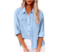leinen top Damen Sommer musselin Tunika Hemd Kurzarm Einfarbig Baumwoll Revers Oberteile sexy strandhemd(Hellblau, XL)