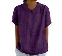 leinen top Hemd lang Damen Damenbluse Einfarbig Baumwoll Revers Kurzarm Musselin Tunika blusen Sommer Shirt（Dunkelviolett, XXL