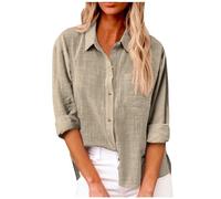 leinen top Hemd lang Damen Damenbluse Einfarbig Baumwoll Revers Musselin Tunika blusen Kurzarm Sommer Shirt(Khaki, M)