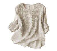 Leinen Tshirt Damen, Damen Bluse Elegant, Leinenbluse 3/4 Arm Baumwolle Leinen Shirt Sommer Tunika Damenblusen Bestickte T-Shirts Blusen Shirts Sommerbluse Oberteile Tops
