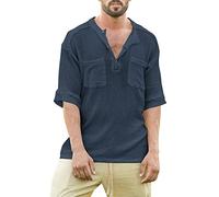 Leinen Tshirt Herren Henley Shirt Oversized Tshirts mit Brusttasche, Männer Kurzarm T Shirt Kurzarmshirt Sommer Sportshirt Baumwolle Basic Shirts Streetwear Marine XL