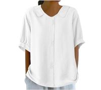 leinen Tunika Bluse Baumwolle Damen Sommer Einfarbig Baumwoll Revers Kurzarm Musselin blusen Schlupfbluse(Weiß, M)