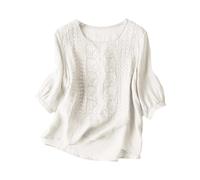 Leinen Tunika Damen, Leinenbluse 3/4 Arm Baumwolle Shirt Sommer Damenblusen Bestickte T-Shirts Elegant Blusen Shirts Sommerbluse Oberteile Tops, Shirt Damen