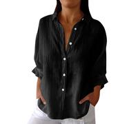 leinen Tunika Damen Oversize Bluse Sommer Hawaii Einfarbig Baumwoll Revers 3/4 Ärmel Musselin blusen(Schwarz, 4XL)