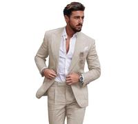Leinenanzug für Herren, 2-teilig, schmale Passform, Freizeitanzüge, Trauzeugen, Smoking, Hochzeit, Party, Blazer-Hosen-Set, Beige, 46