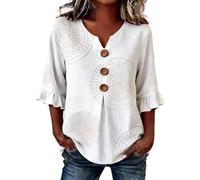 Leinenbluse Damen 3/4 Arm V Ausschnitt Sommerbluse, luftige Tunika aus leichtem Leinen, Elegantes Shirt Oberteil Modern Blusen Tops für warme Tage