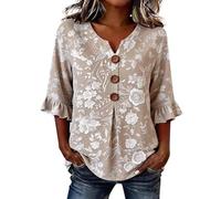 Leinenbluse Damen 3/4 Arm V Ausschnitt Sommerbluse, luftige Tunika aus leichtem Leinen, Elegantes Shirt Oberteil Modern Blusen Tops für warme Tage