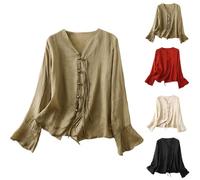 Leinenbluse Damen Bluse Damen Sommer Tunika V-Ausschnitt Große Größen Blusenshirt Damen Langarmshirt Leinen Baumwolle Hemd Oberteile Druck Shirt Sommer Leinen Bluse A#Khaki M