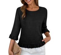 Leinenbluse Damen Einfarbig Oberteile Elegant Rundhals 3/4 Ärmel Tshirt Leicht Rüschen Blusenshirt Modisch Lässige T-Shirt Für Strand Urlaub Oversized Bequeme Longbluse Sportshirt
