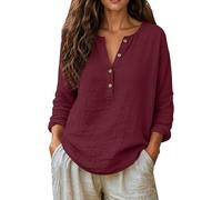 Leinenbluse Damen Elegante Baumwolle Leinen Tshirt Leinenshirt Lose Langarm Blusen mit Knopfleiste Longshirt Oversized Tee T-Shirt Freizeit Longbluse Leinenhemd Große Größen Bluse (RD1, XXXL)
